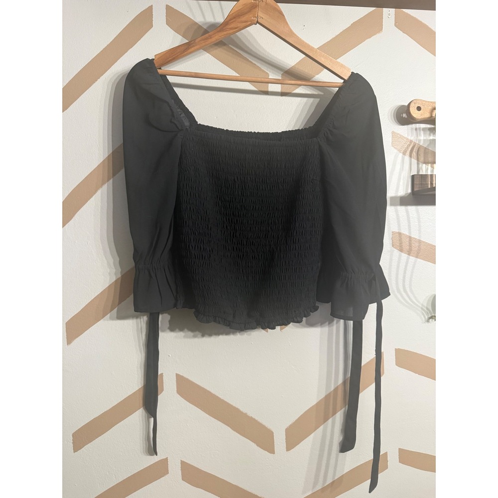 Abercrombie & Fitch Smocked Puff Sleeve Top Women Small Black Ruffle Tie Cuff